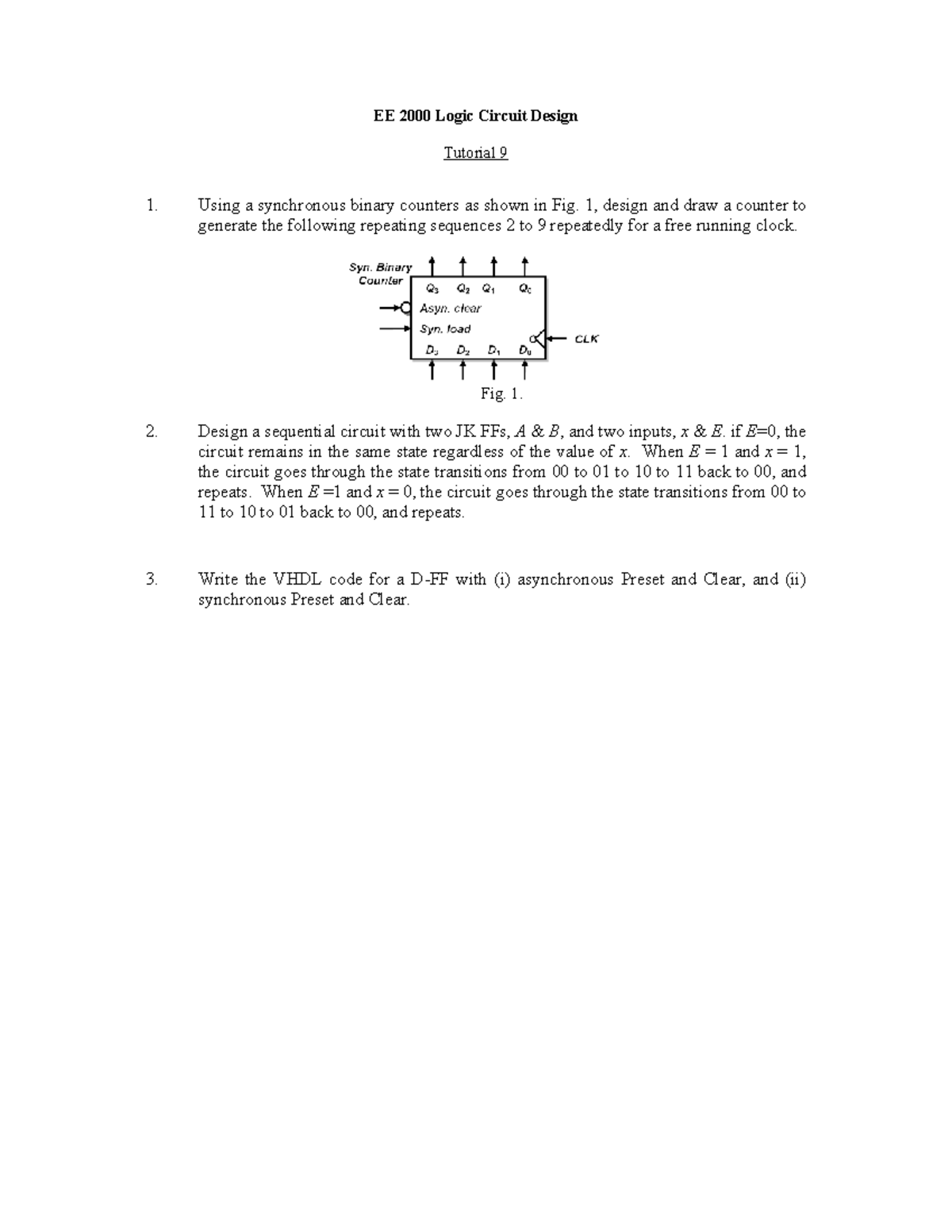 EE2000 Logic Circuit Design Tutorial 9: Synchronous Counters & VHDL ...