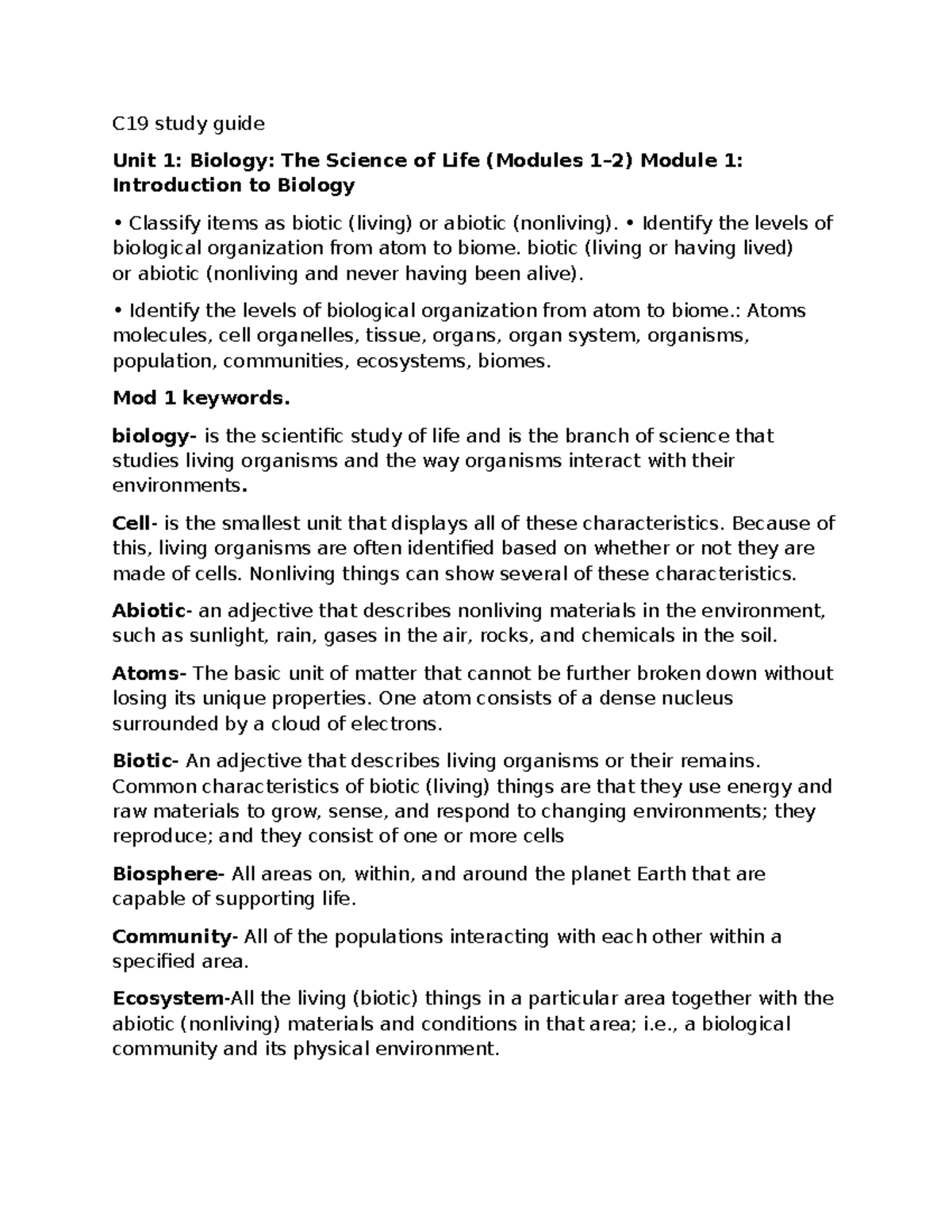 C190 study guide pt1 - unit 1 - C19 study guide Unit 1: Biology: The ...