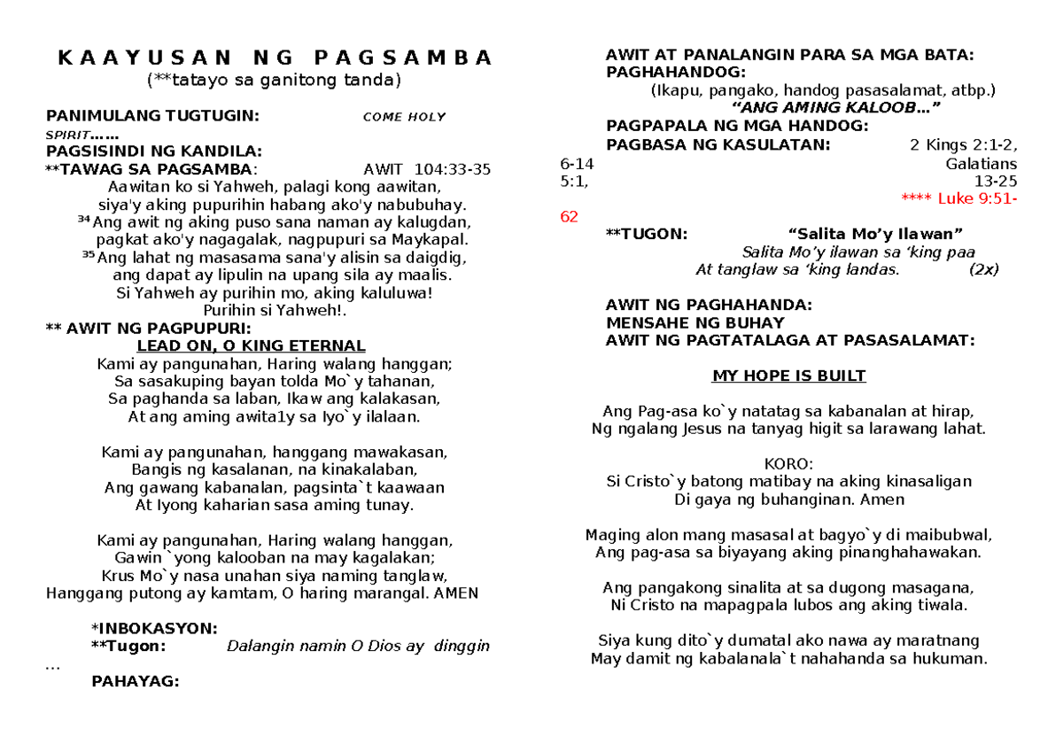 KAAYUSAN NG PAGSAMBA: Liturgy Program for June 29 - Studocu