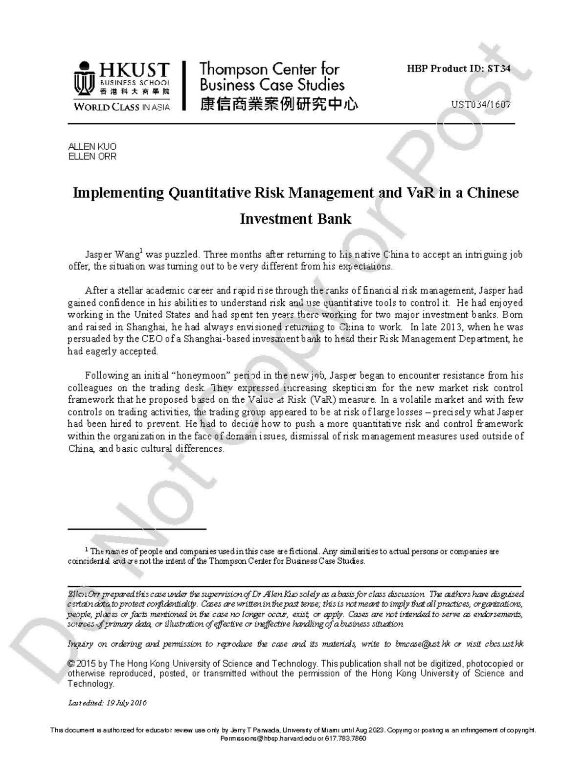 Implementing VaR in Chinese Investment Bank: A Case Study (UST034) - Studocu