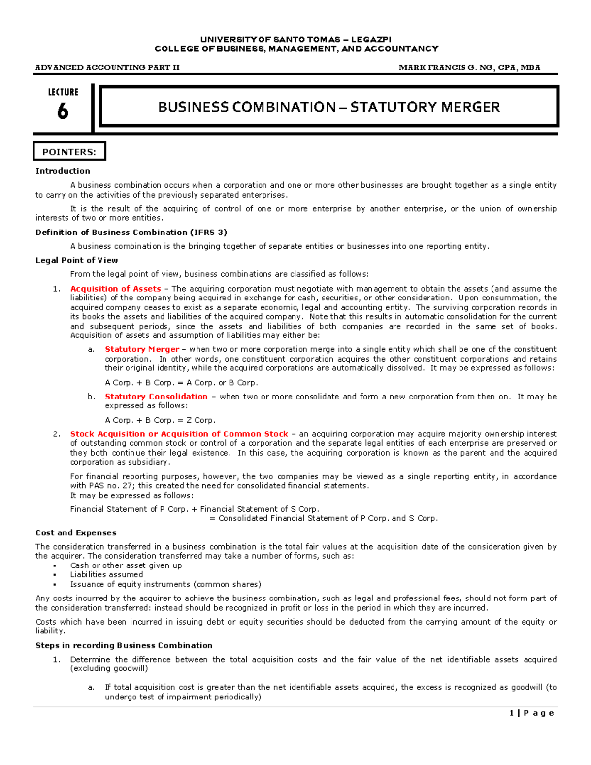 Advanced Accounting II: Business Combination & Statutory Merger ...