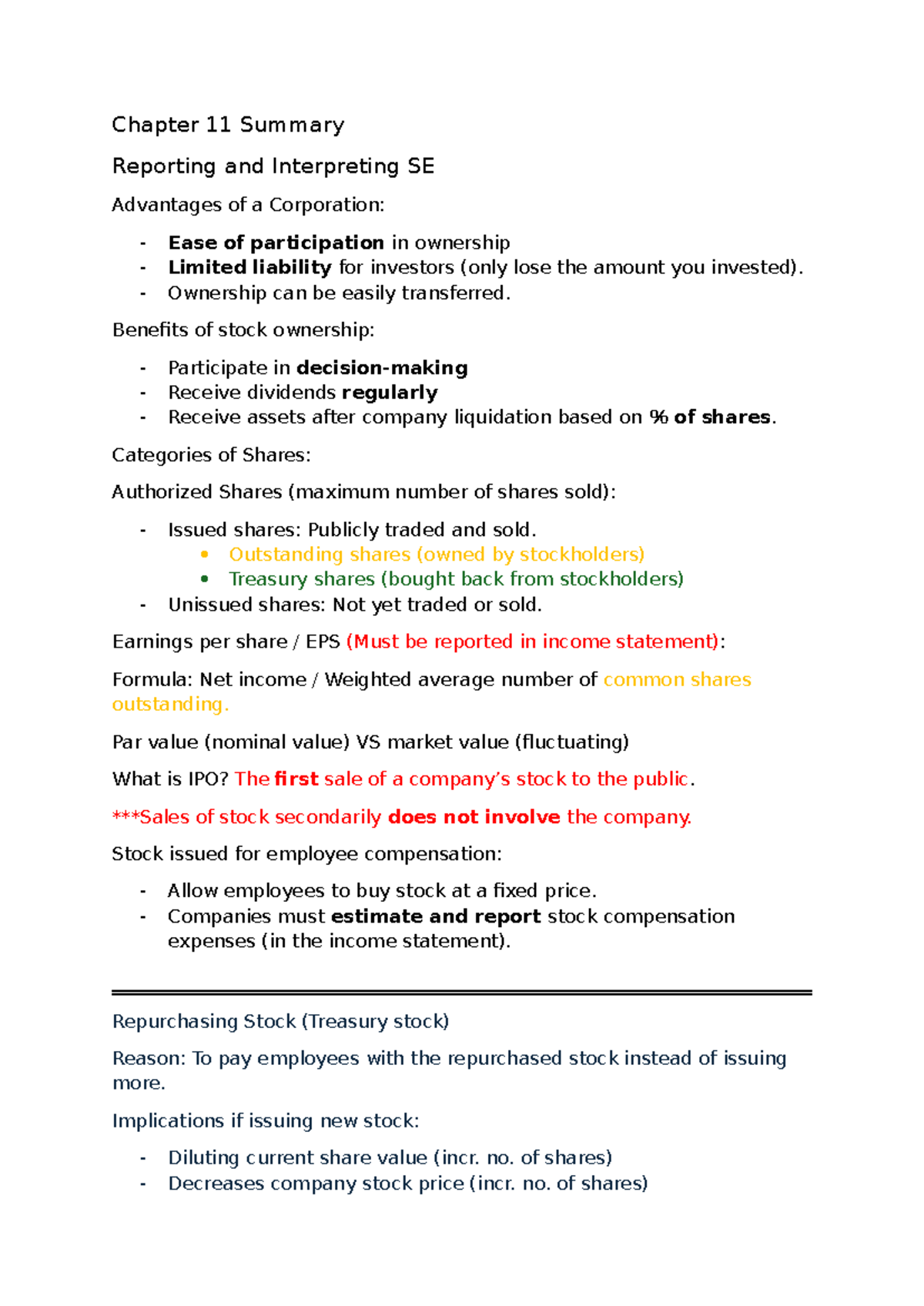Chapter 11 Summary - Chapter 11 Summary Reporting and Interpreting SE ...