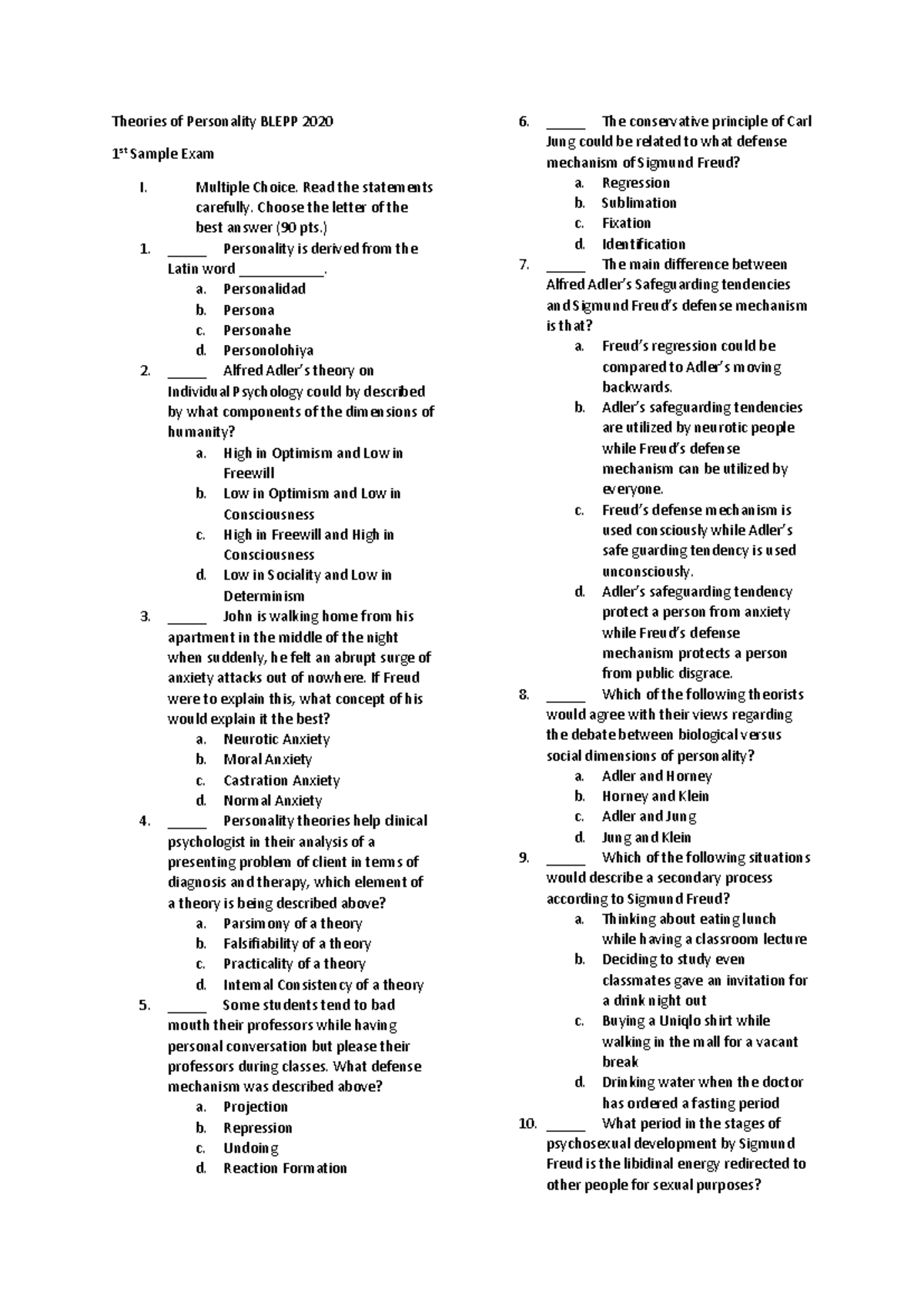 Theories of Personality BLEPP 2020 Sample Exam: 90 Item Drill Test ...