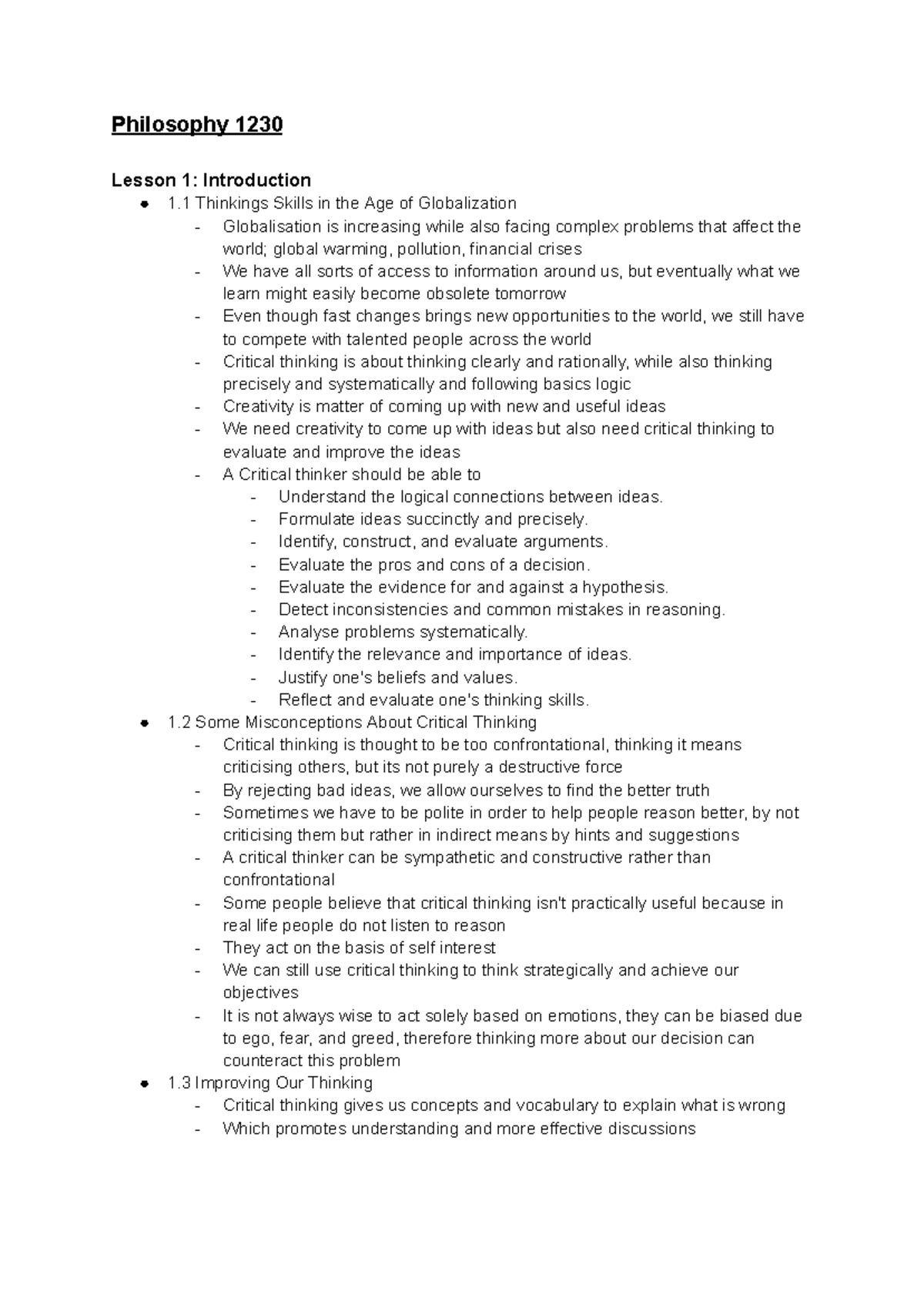 Philosophy 1230 - Comprehensive Lesson Notes on Critical Thinking - Studocu