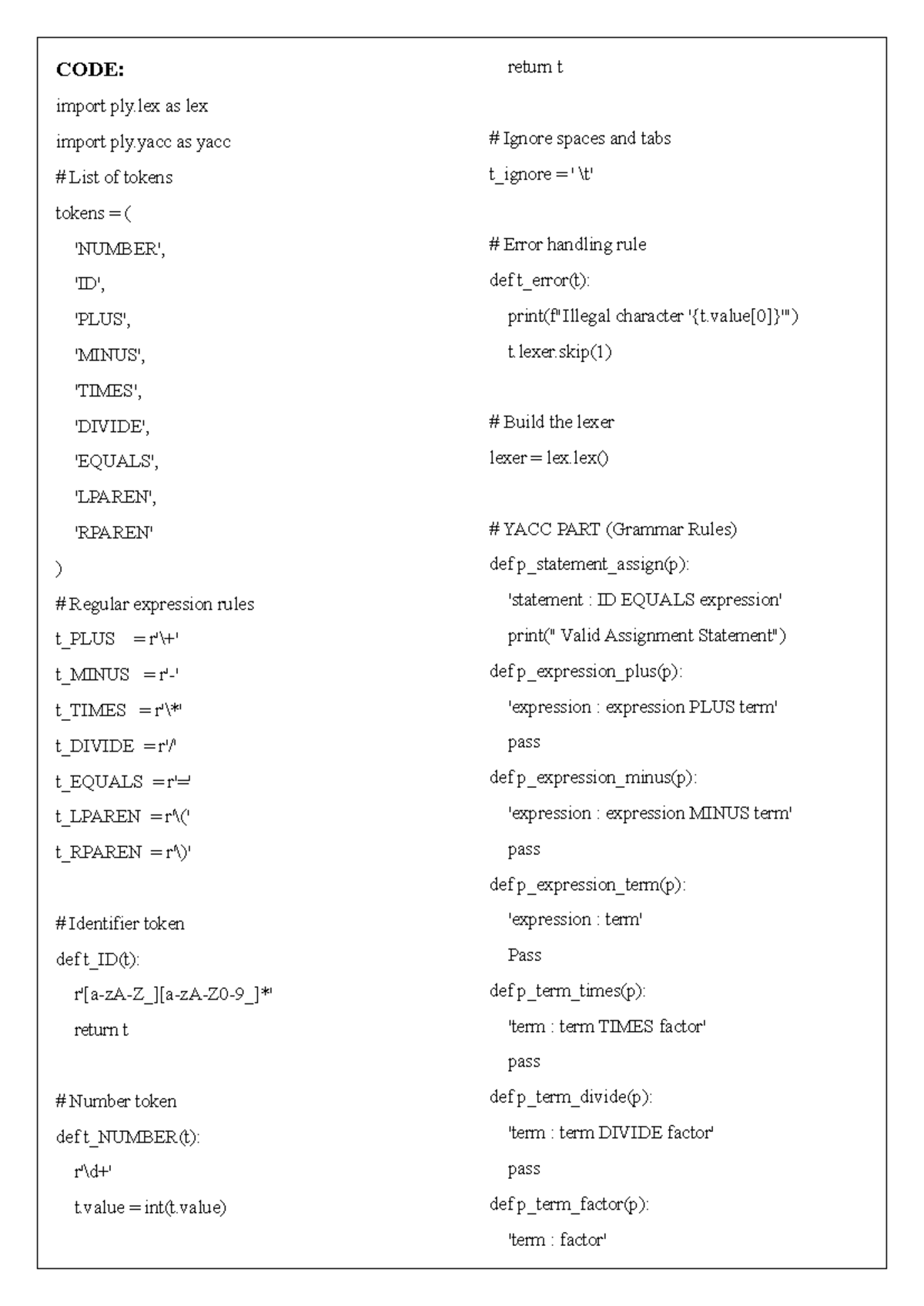 SPCC EXP7 Practical Material: Lexer and Parser Code - Studocu