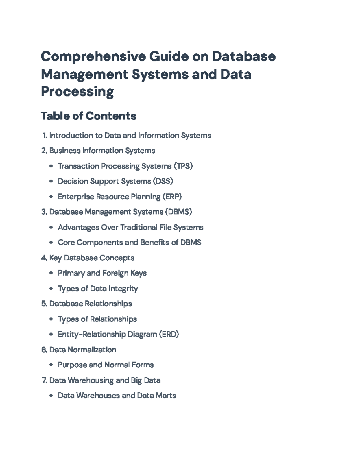 Comprehensive Guide on DBMS and Data Processing (Course Code: DBMS101 ...