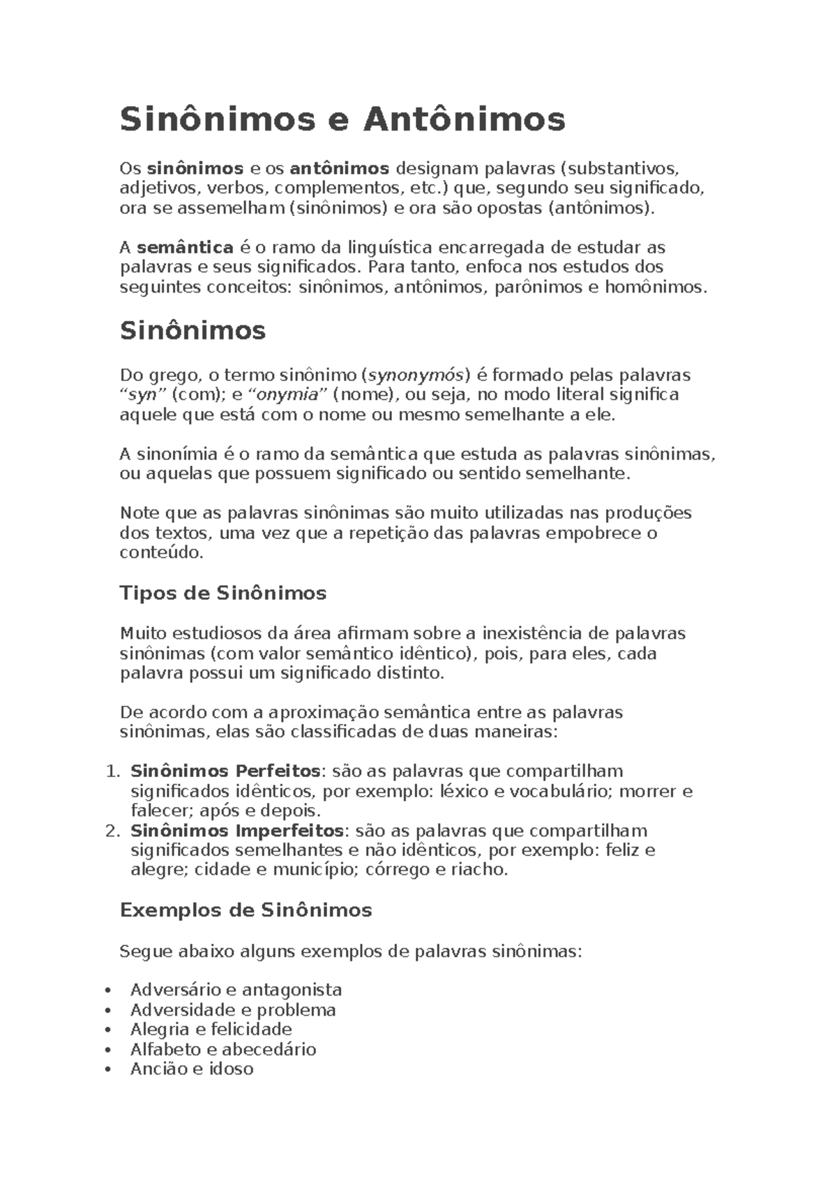 Sinônimos e Antônimos: Resumo para Estudo de Semântica - Studocu