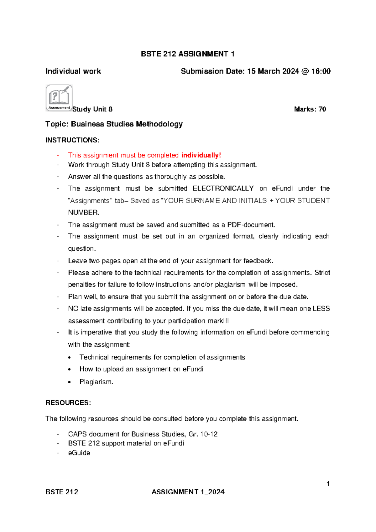 BSTE 212 Assignment 1: Business Studies Methodology Guide 2024 - Studocu