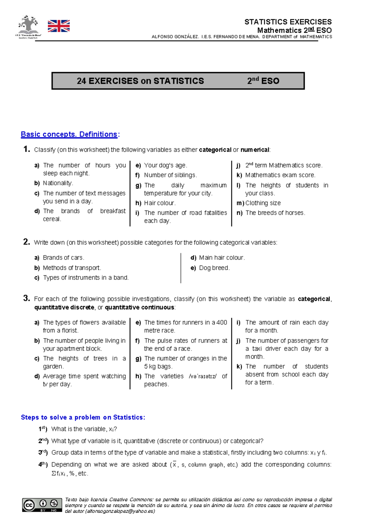 Statistics Exercises for Mathematics 2nd ESO - 10 Practice Problems ...