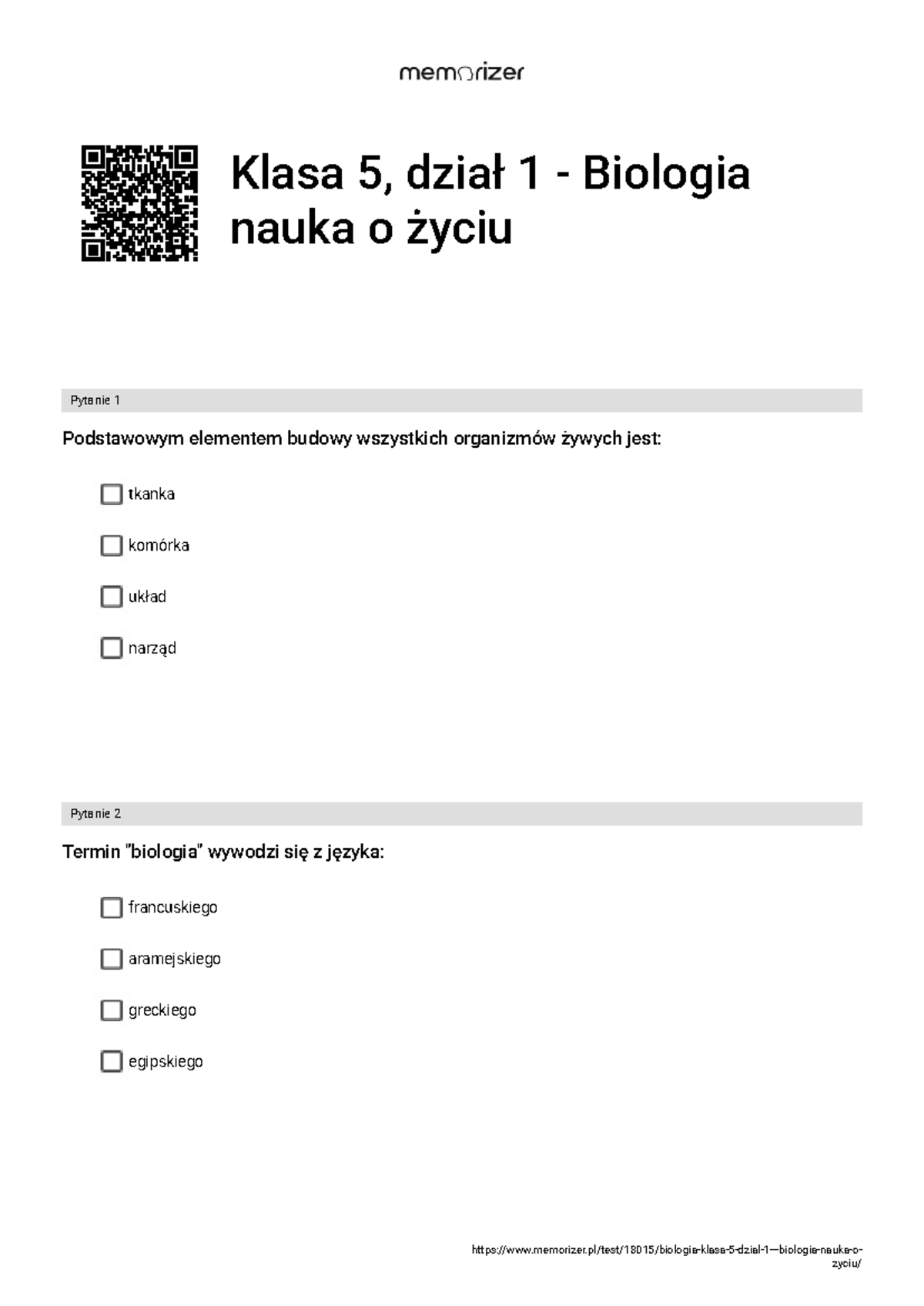 Biologia Klasa 5, Dział 1 - Pytania i Odpowiedzi o Życiu - Studocu