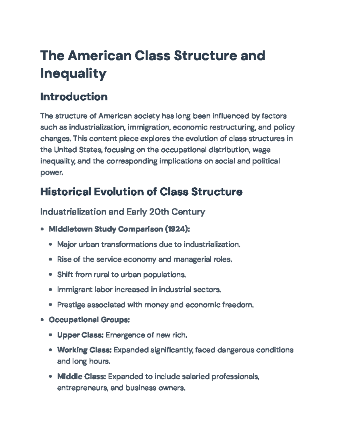 The American Class Structure and Inequality: Evolution and Implications ...