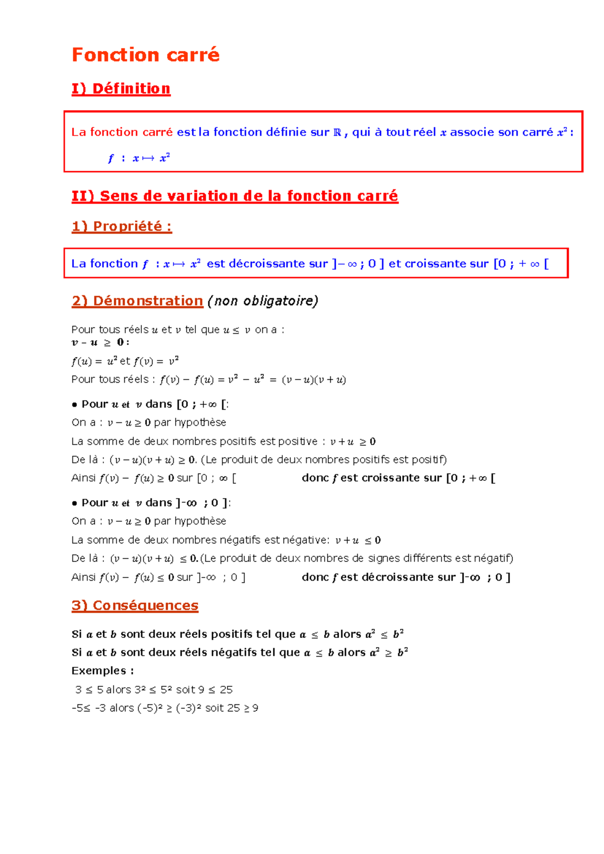 Fonction Carré : Propriétés et Démonstrations Mathématiques - Studocu