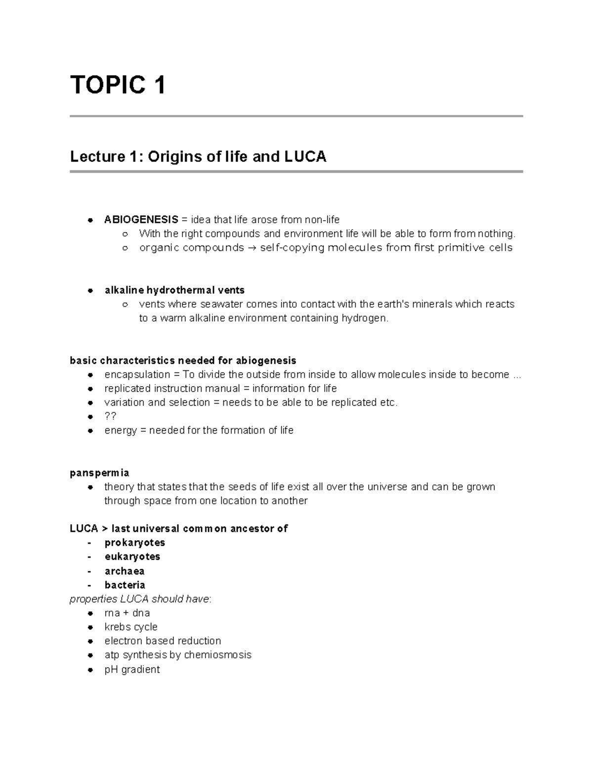BS1040 - Topic 1 - Lecture notes - TOPIC 1 Lecture 1: Origins of life ...