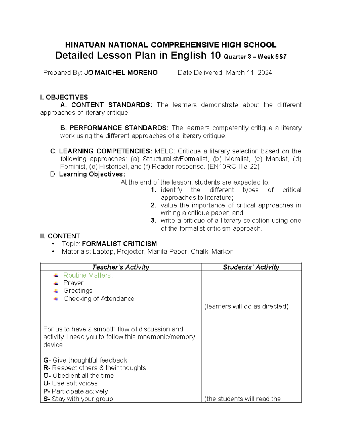 Detailed Lesson Plan: Formalist Criticism (EN10RC-IIIa-22) - Studocu