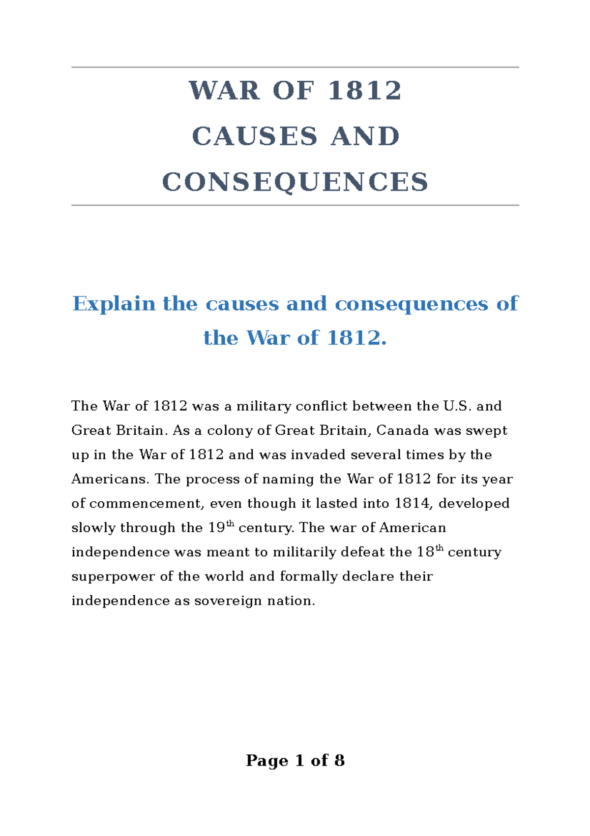 War of 1812: Key Causes & Consequences Explained - Studocu