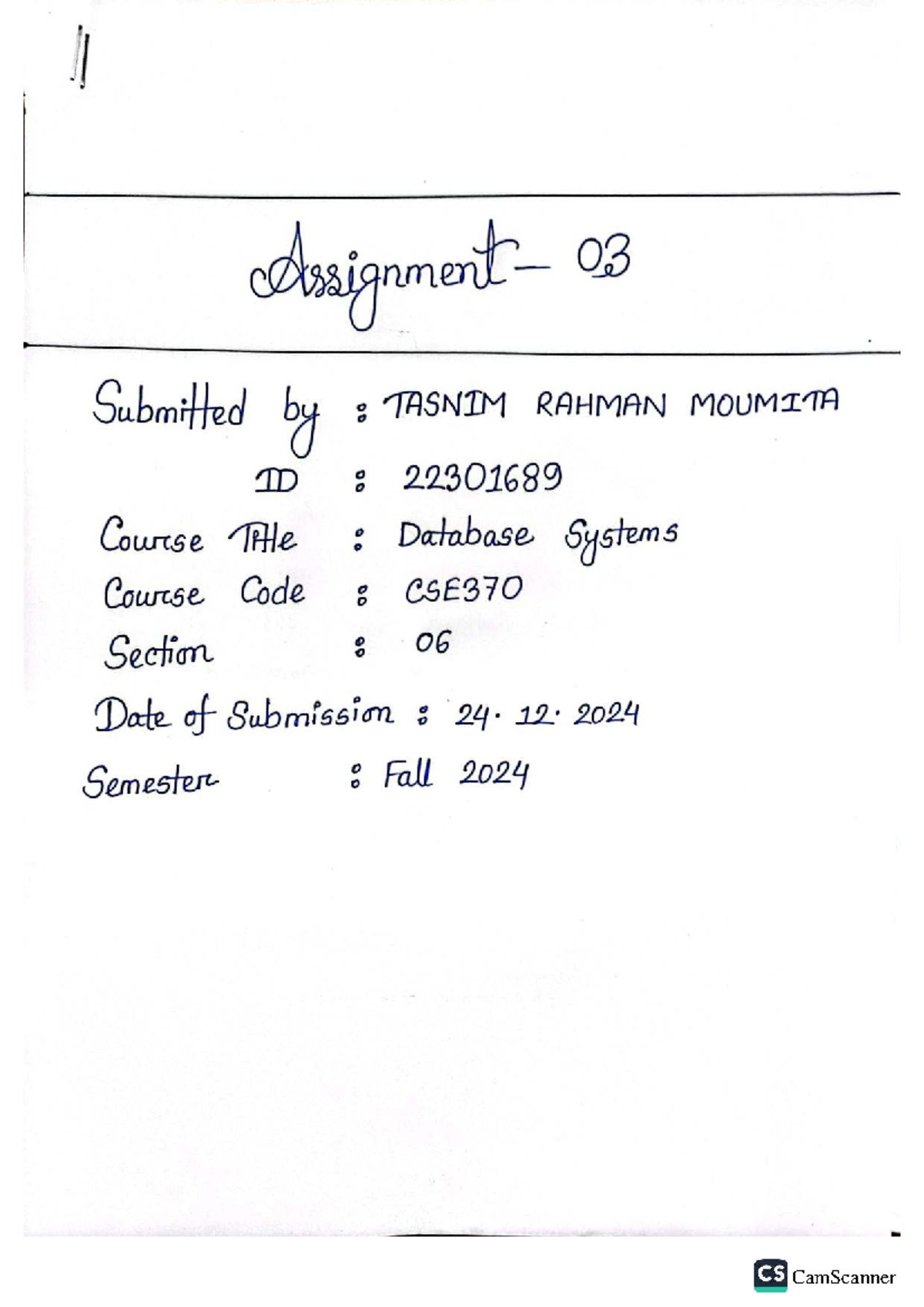 CSE370 Database Systems Assignment 3 Solutions - Studocu