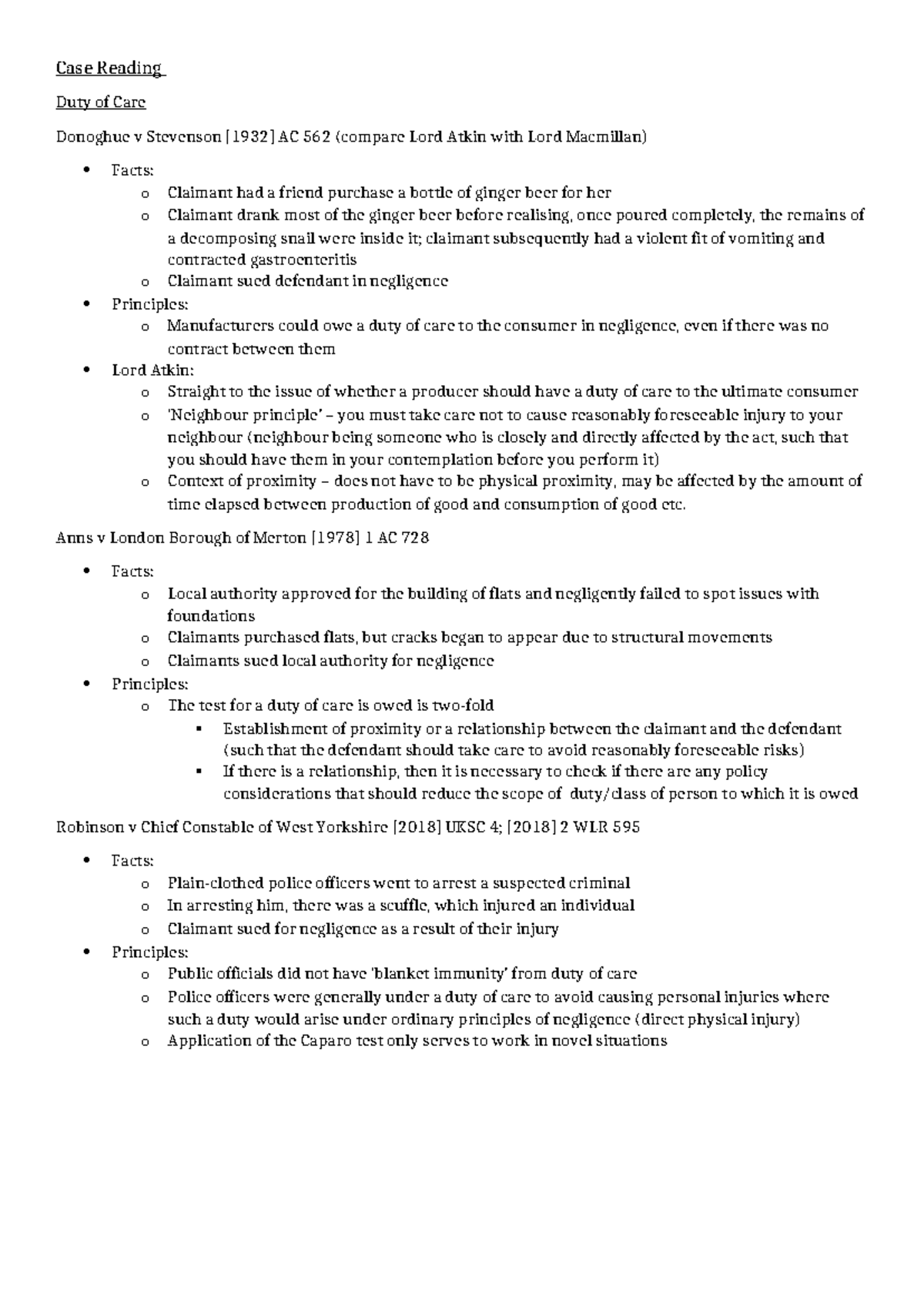 Case Reading: Duty of Care in Negligence - Donoghue v Stevenson AC 562 ...