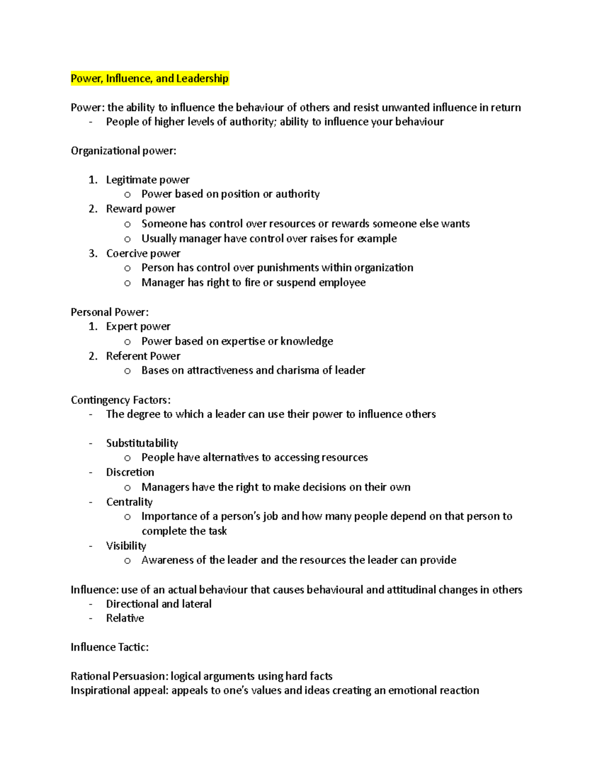 ADMS 2400 lecture notes and other materials - Power, Influence, and ...