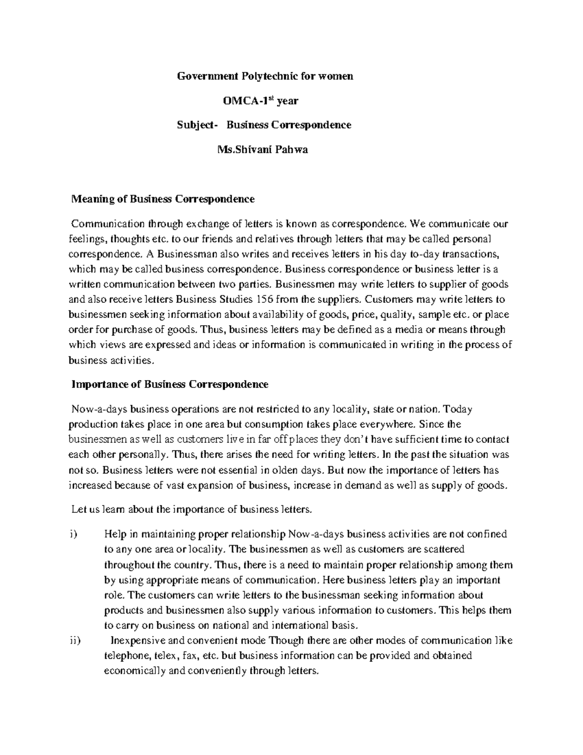 Business Studies OMCA 1st Year: Business Correspondence Notes - Studocu