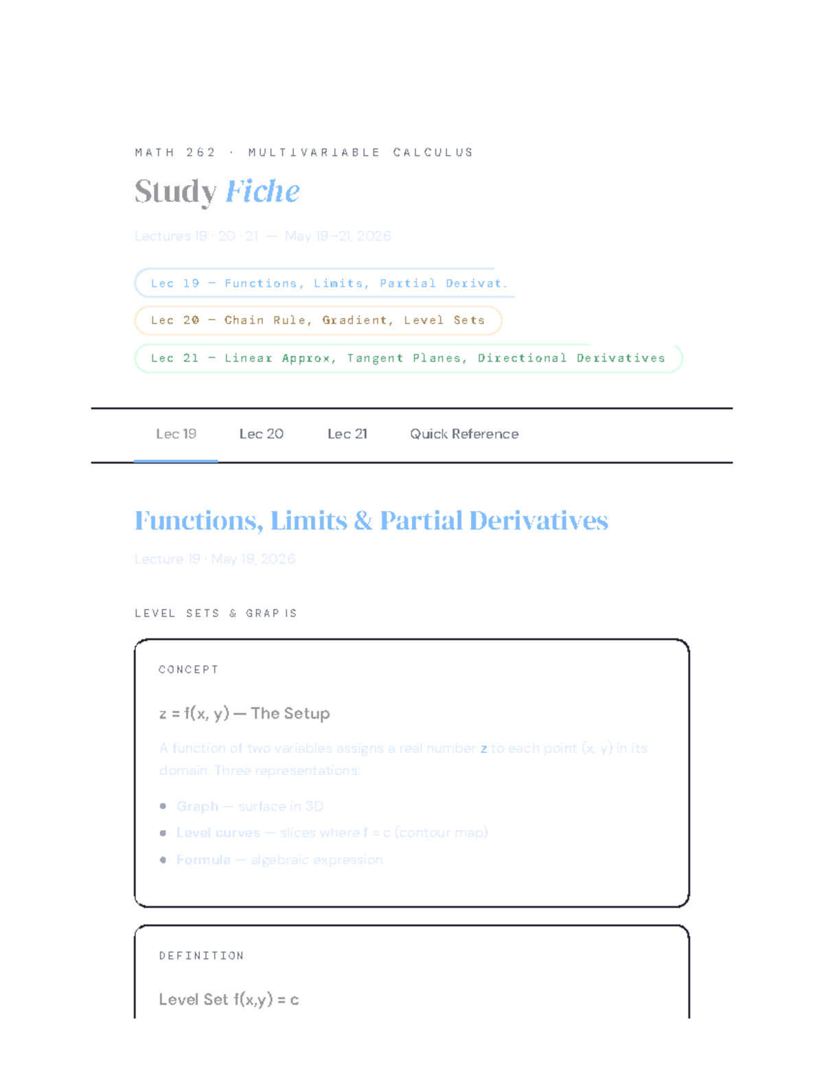 MATH 262 MULTIVARIABLE CALCULUS Study Fiche: Lectures 19-21 Notes - Studocu