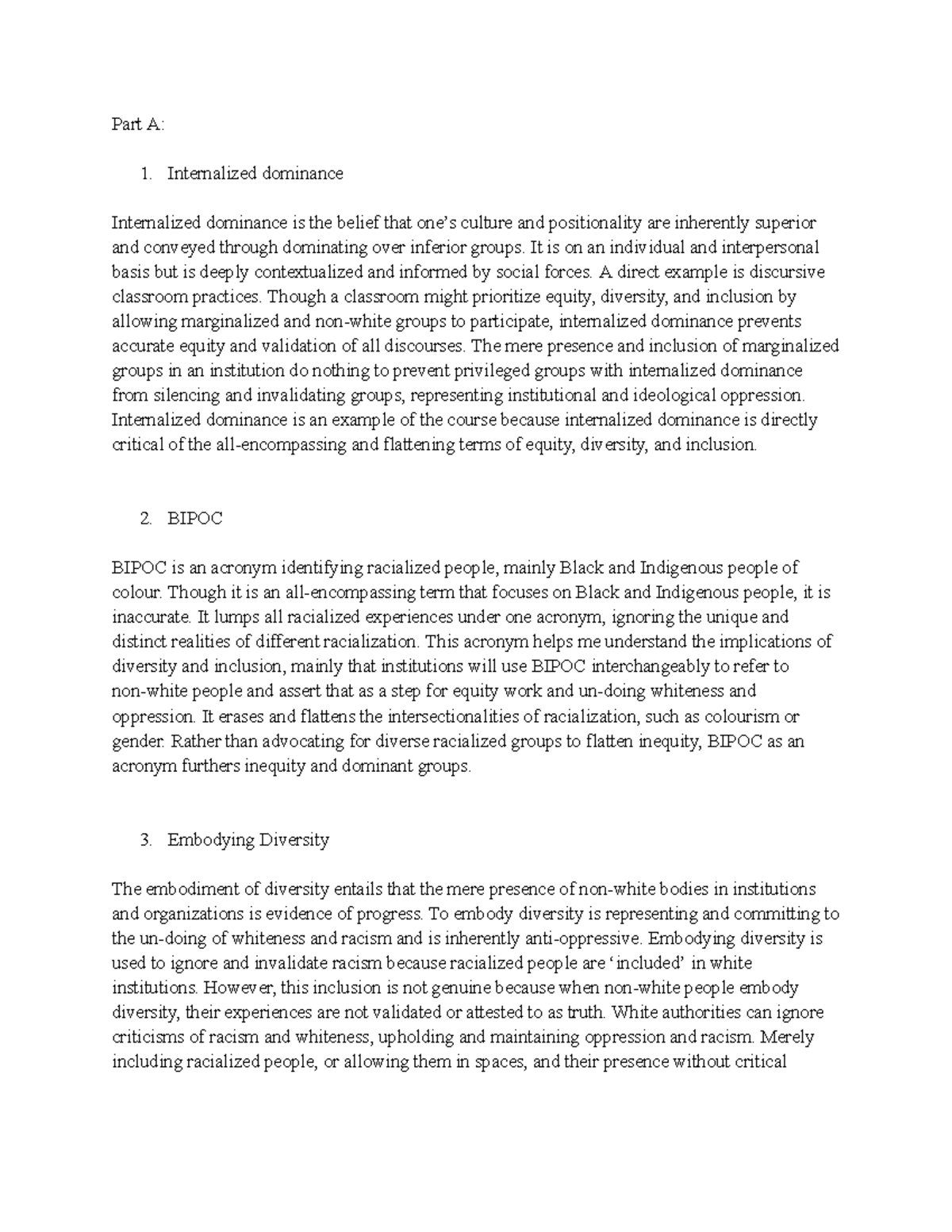 ACS 403 Midterm Exam - Part A: Internalized dominance Internalized ...