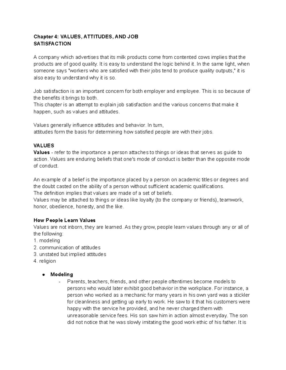 MGMT 2 Chapter 4 - BSA Lecture Notes on Job Satisfaction and Values ...