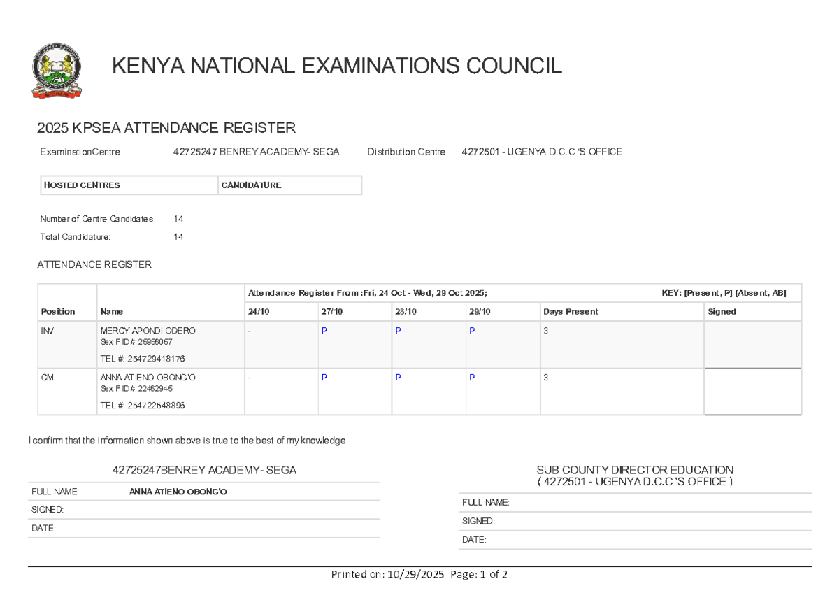 KENYA NATIONAL EXAMINATIONS COUNCIL 2025 KPSEA Attendance Register ...