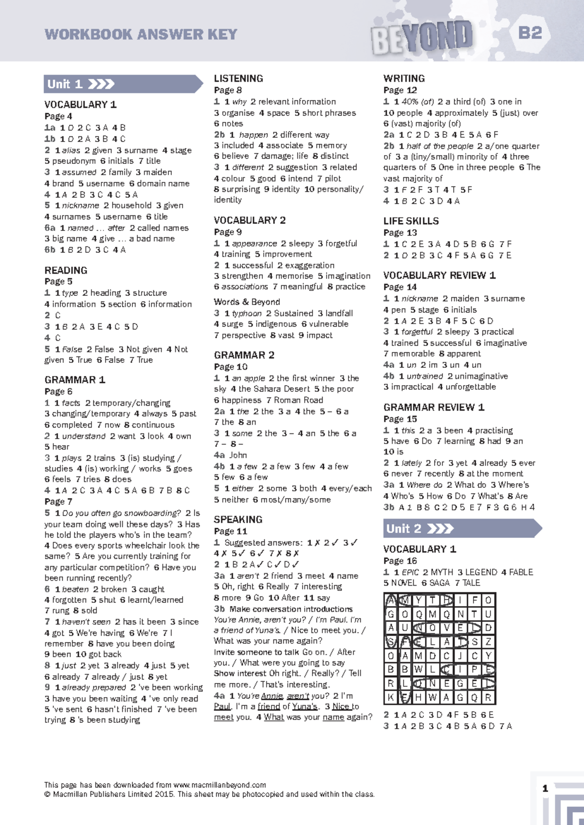 Bey B2 WBAK - Answer Key for Workbook Units 1-5 - Studocu