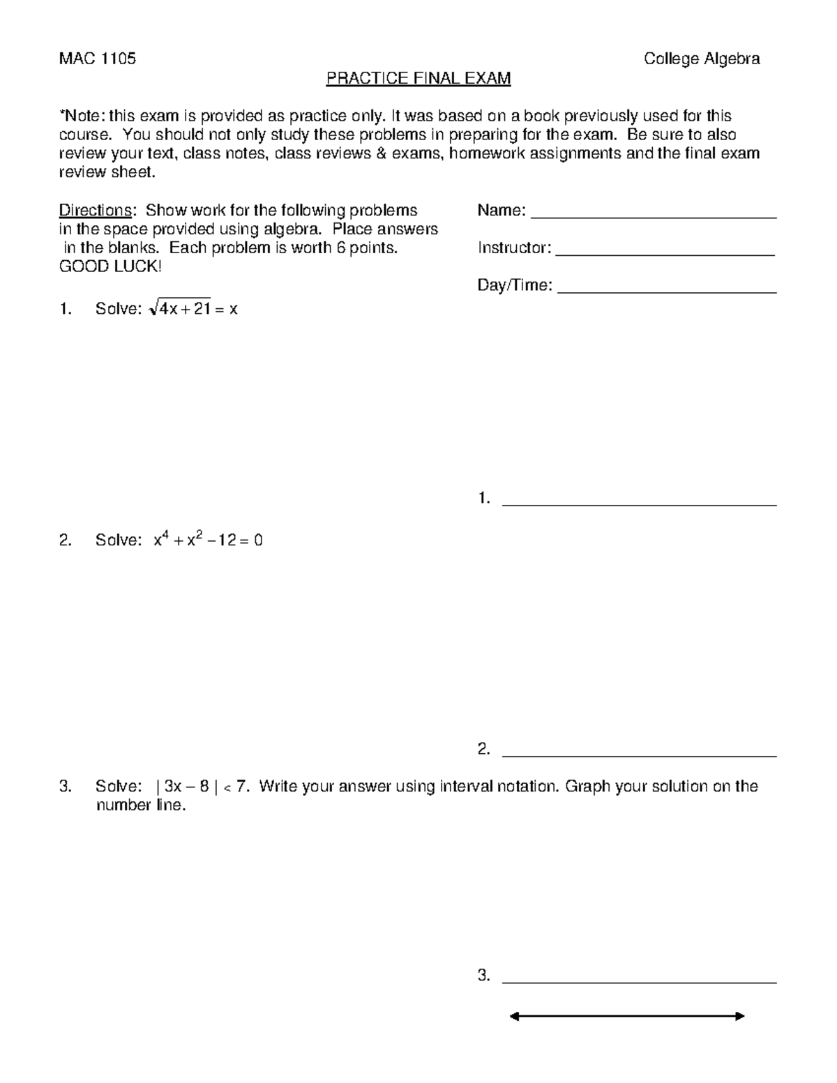 MAC 1105 College Algebra Practice Final Exam Review Guide - Studocu