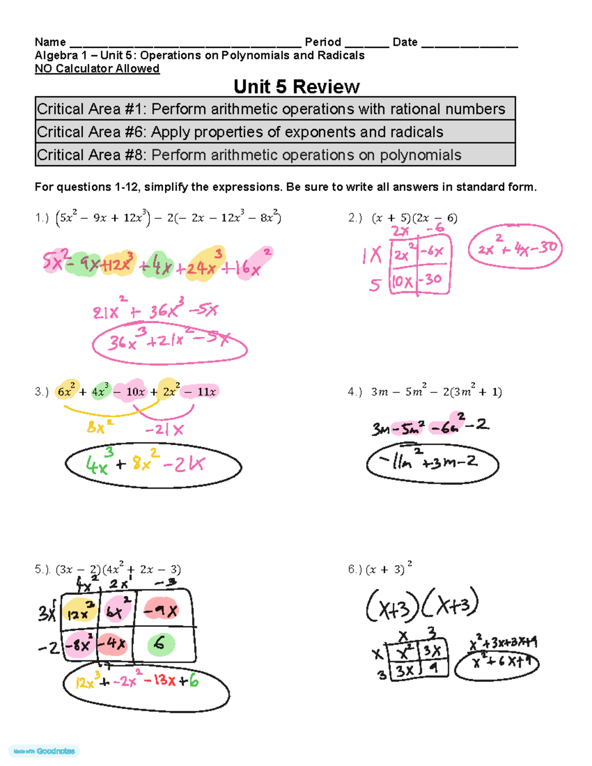 Algebra 1 Unit 5: Mastery Review on Polynomials & Radicals - Studocu