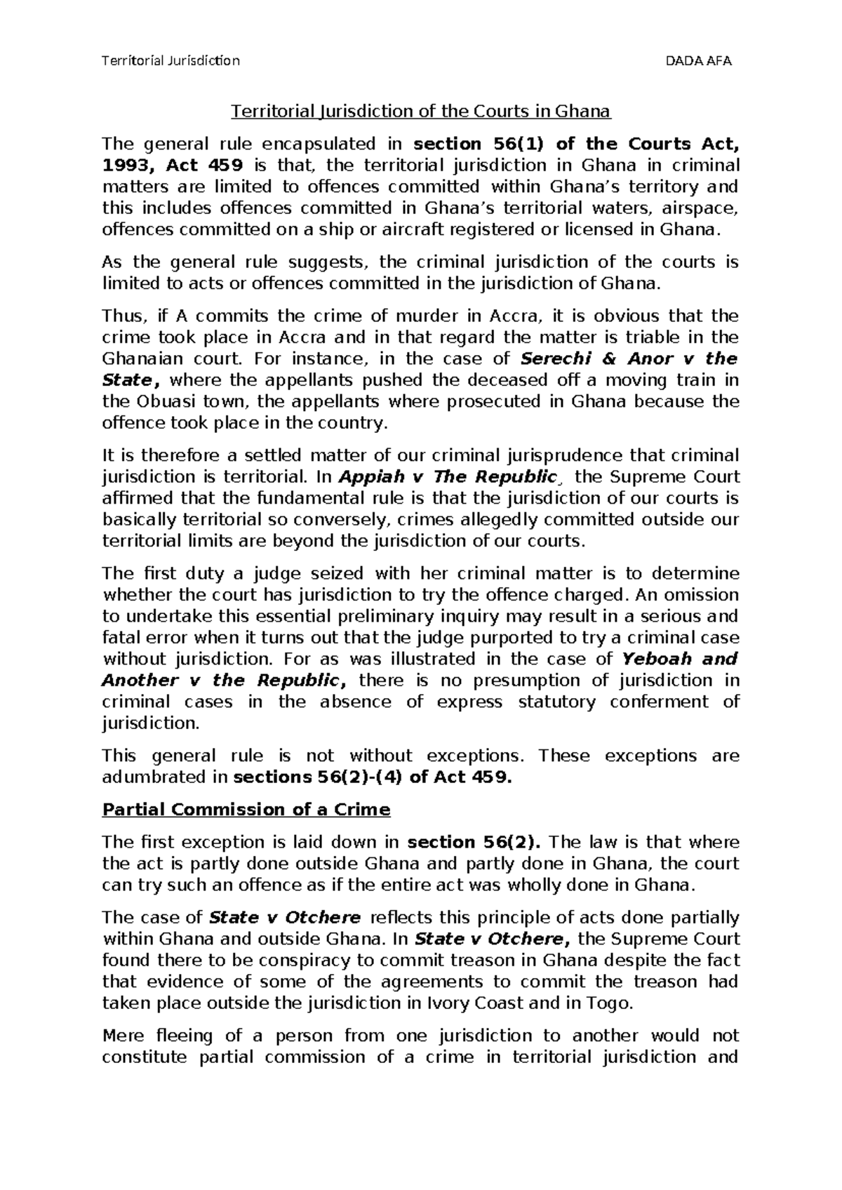 Territorial Jurisdiction of Courts in Ghana: Analysis & Key Cases - Studocu
