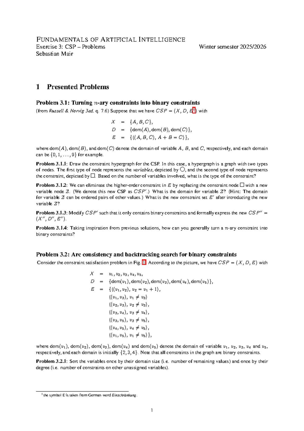 CSP Problems in AI: Exercise 3 Solutions (Winter Semester 1) - Studocu