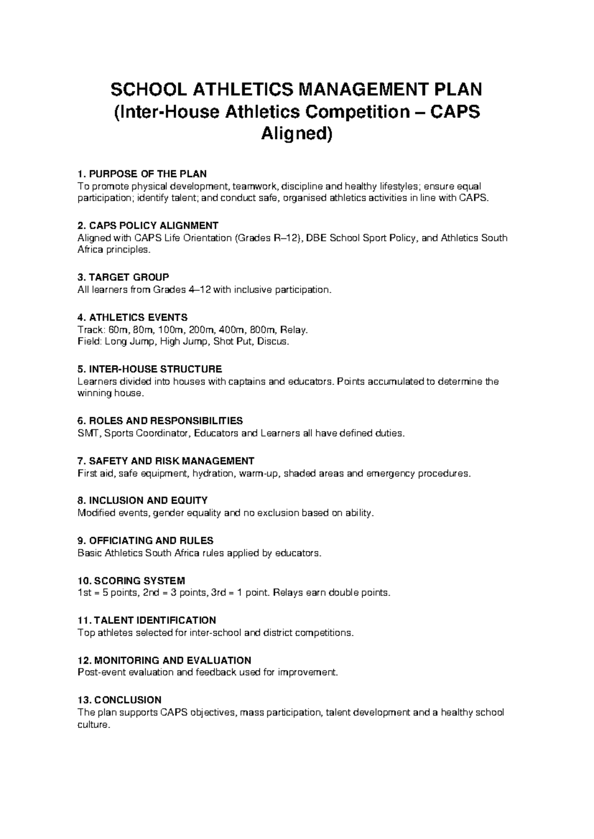 Inter-House Athletics Management Plan (CAPS Aligned) - Studocu