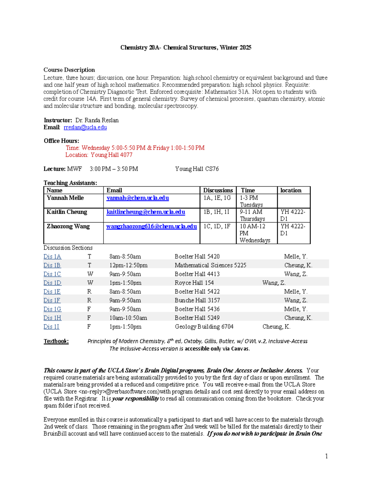Chem20A Syllabus - Chemical Structures, Winter 2025 Official PDF - Studocu