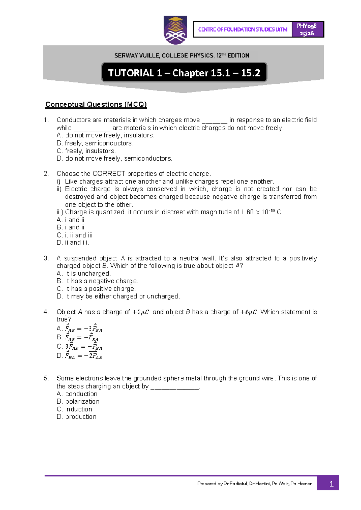 PHY098 UiTM Tutorial 1: Conceptual Questions & Structured Problems ...