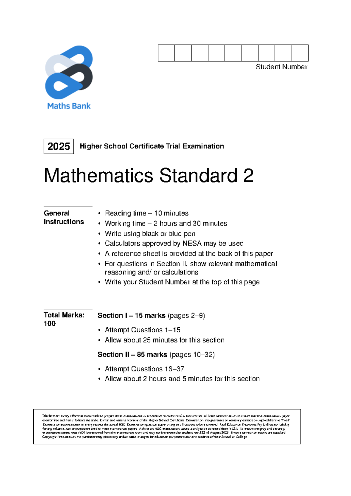 2025 HSC Mathematics Standard 2 Trial Exam Instructions and Questions ...