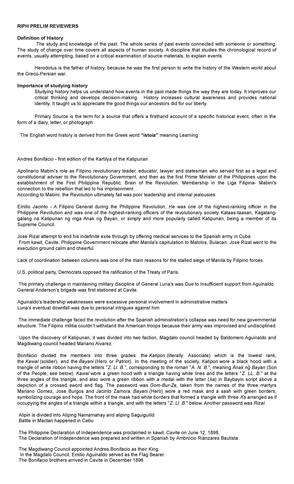 RIPH Prelim Exam Reviewer: Understanding History and Key Events - Studocu