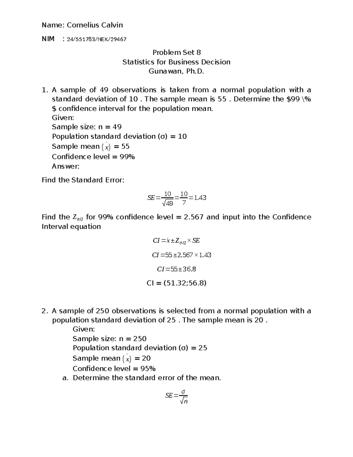 Problem Set 8: Confidence Intervals & Sample Statistics (NIM: 24/551783 ...