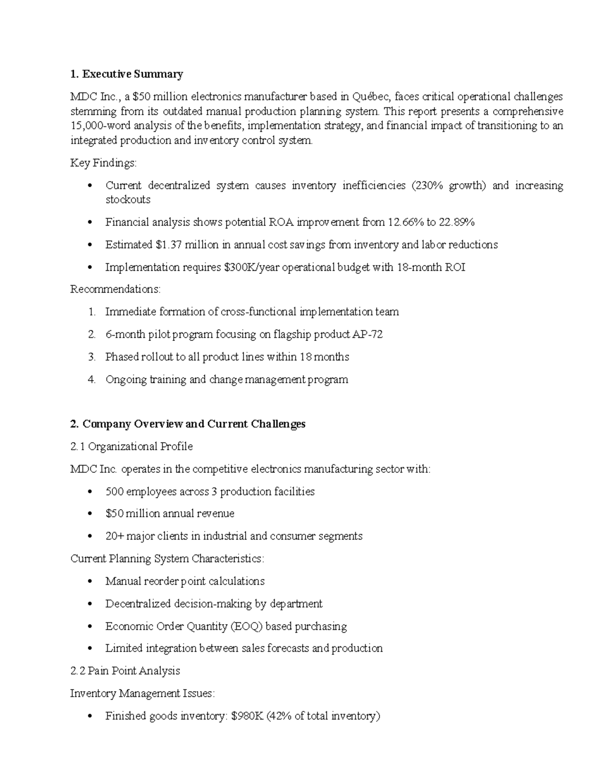 MDC Inc. Operational Challenges & Integrated System Proposal (POM 101 ...