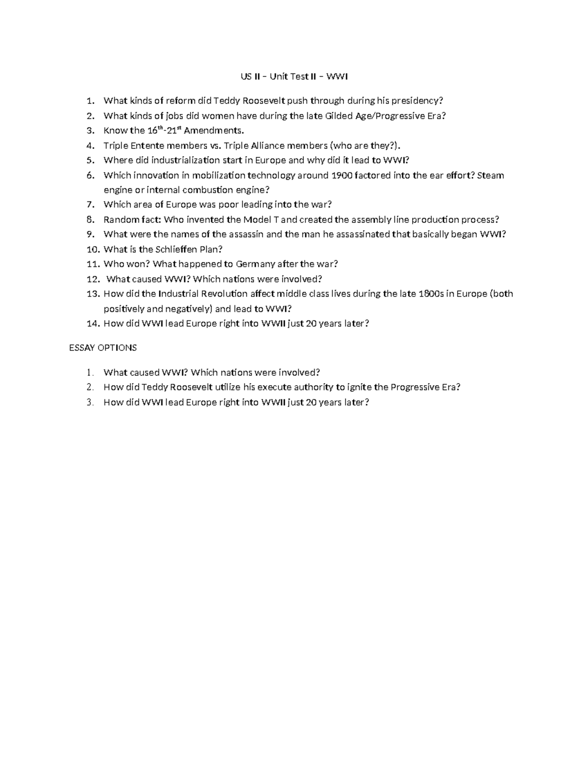 US II - Unit Test II Study Guide: Key Themes of WWI & Reform - Studocu