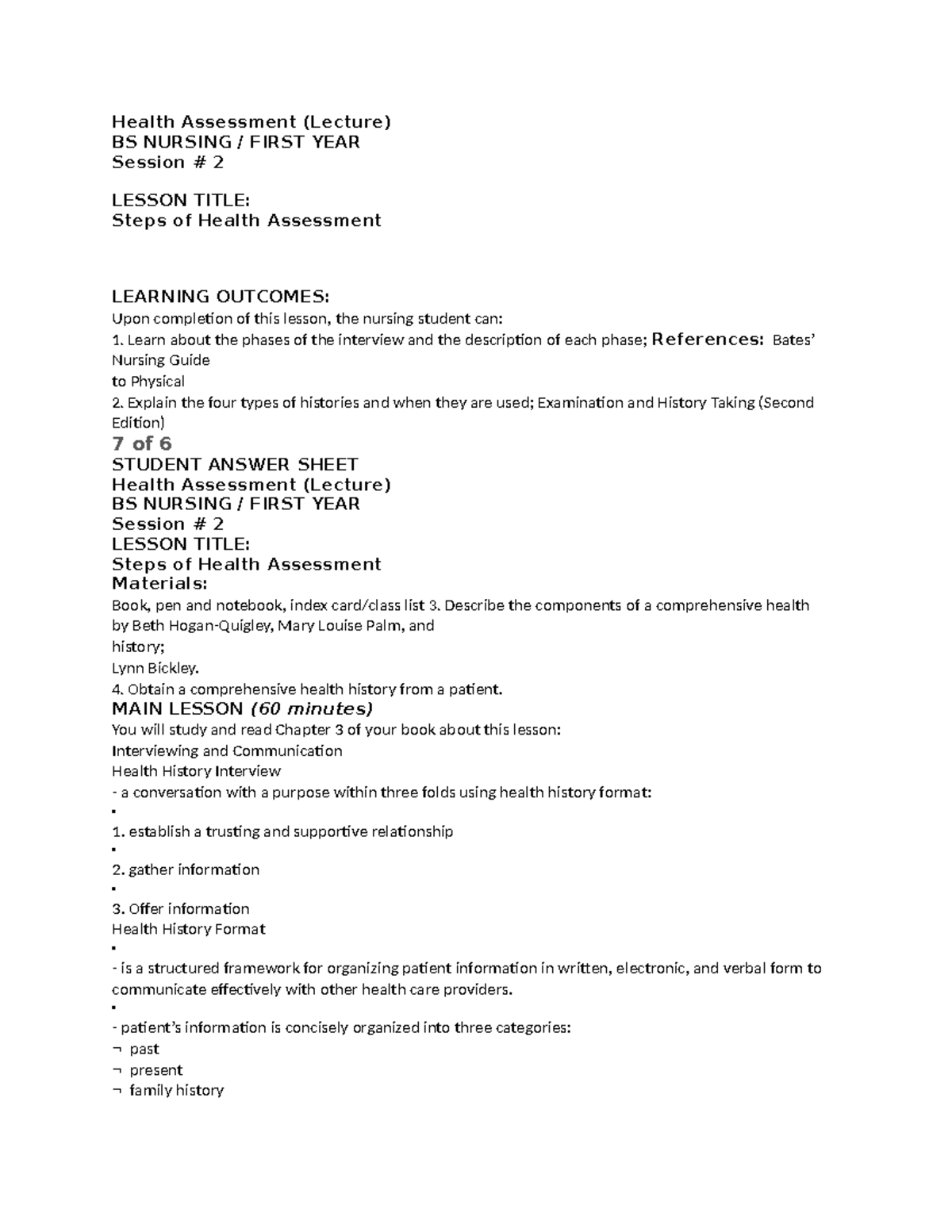 HEA LEC Notes on Health Assessment Steps - BS Nursing 1st Year - Studocu