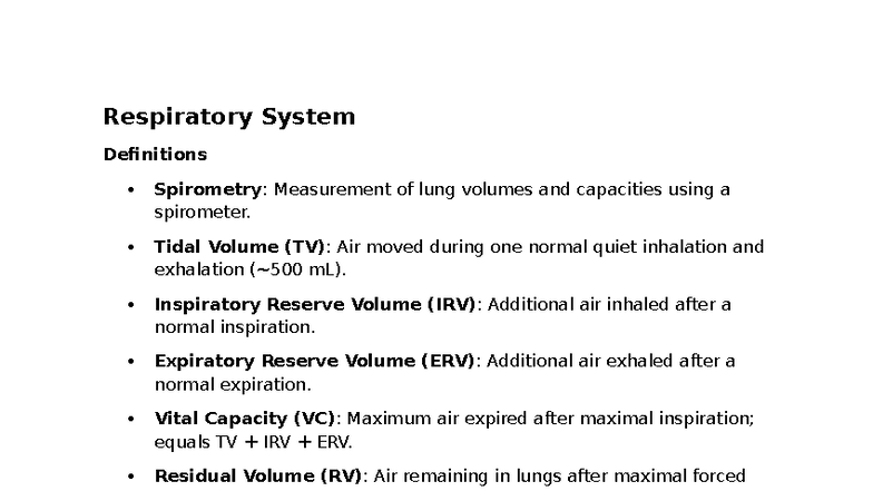 Respiratory System - Lecture Notes on Spirometry and Gas Exchange - Studocu