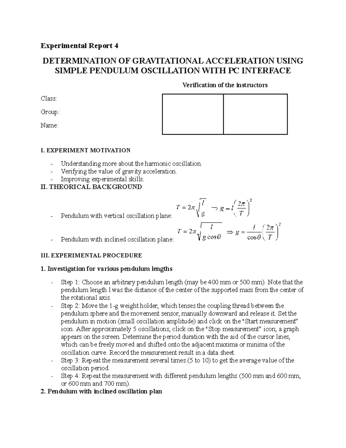 LAB Report EX 4: Determining Gravitational Acceleration via Pendulum ...