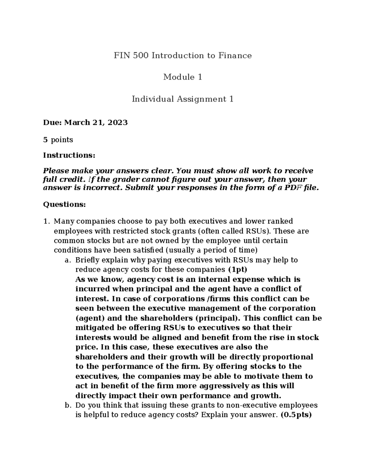 FIN 500 Module 1 Individual Assignment: Agency Costs & Cash Flows ...