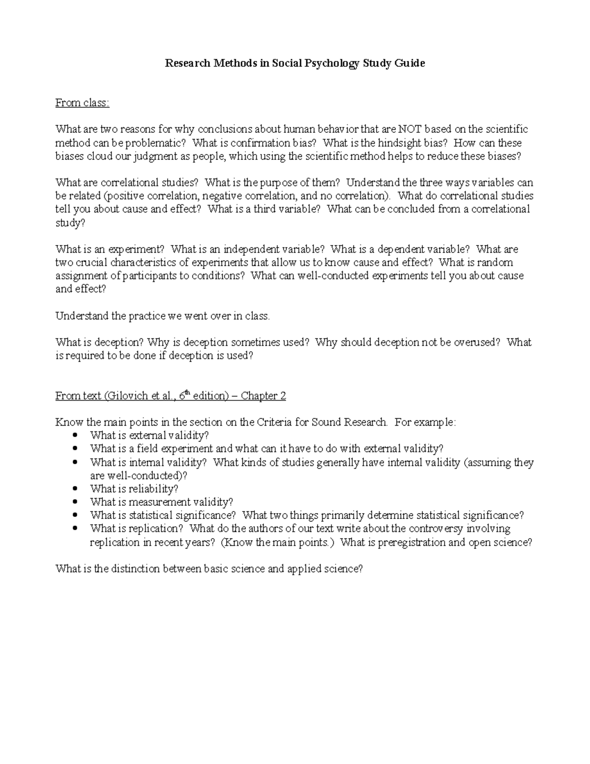 Research Methods in Social Psychology Study Guide (PSY 101) - Studocu