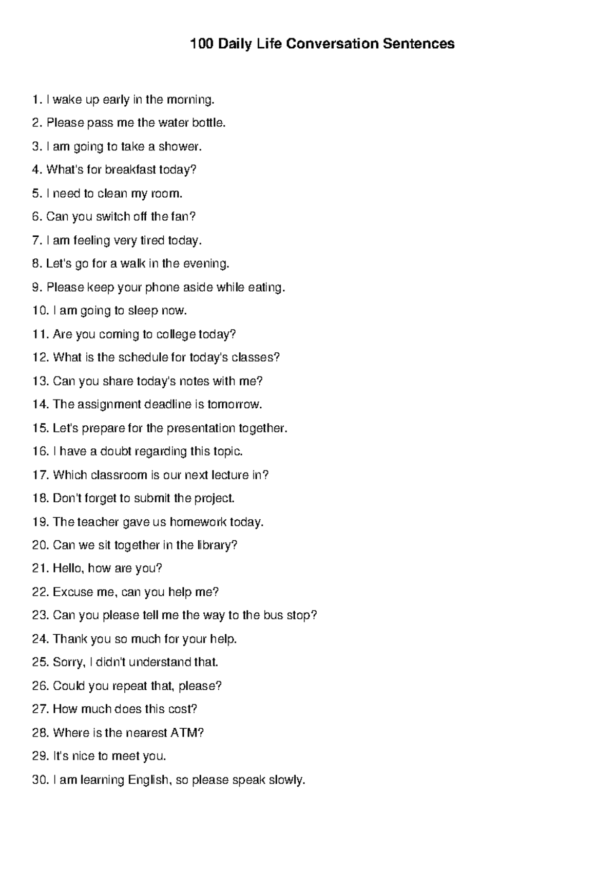 100 Daily Life Conversation Sentences for English Learners - Studocu