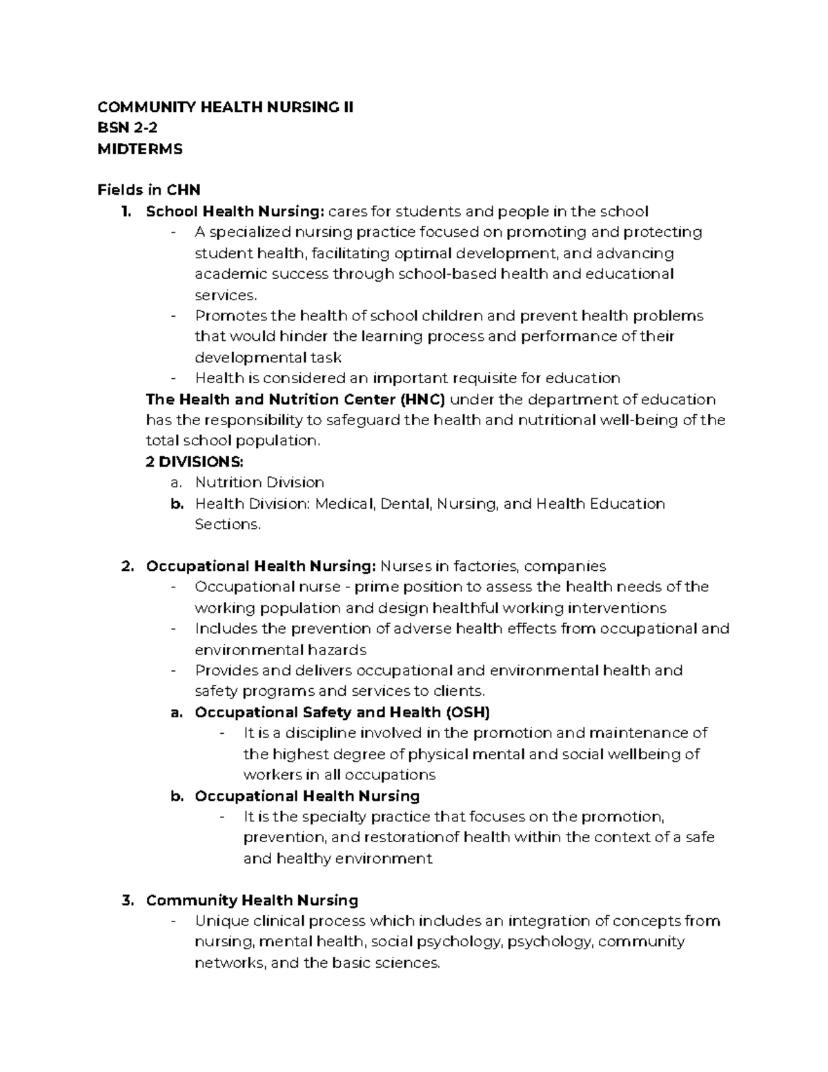 COMMUNITY HEALTH NURSING II BSN MIDTERM NOTES: SCHOOL HEALTH NURSING ...