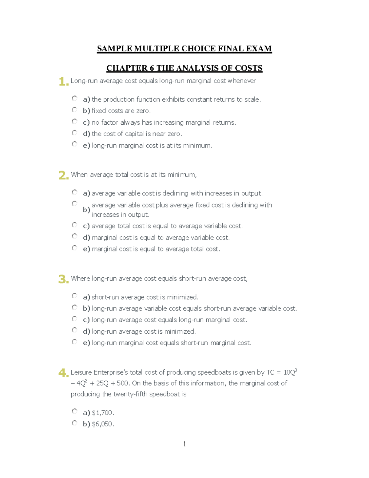 FALL 2018 - Sample Final Exam on Cost Analysis & Market Structures ...