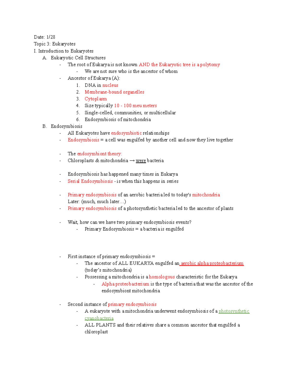 Gen Bio II - Lecture Notes: Eukaryotes I & Endosymbiosis - Studocu