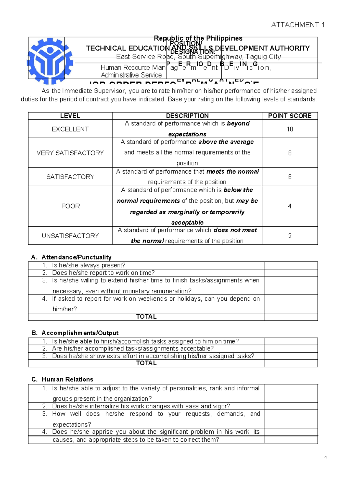 Job Order Performance Evaluation Form: HR Assessment Tool - Studocu